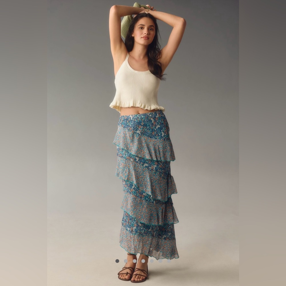 By Anthropologie Ruffle Flounce Maxi Skirt Size Large Petite